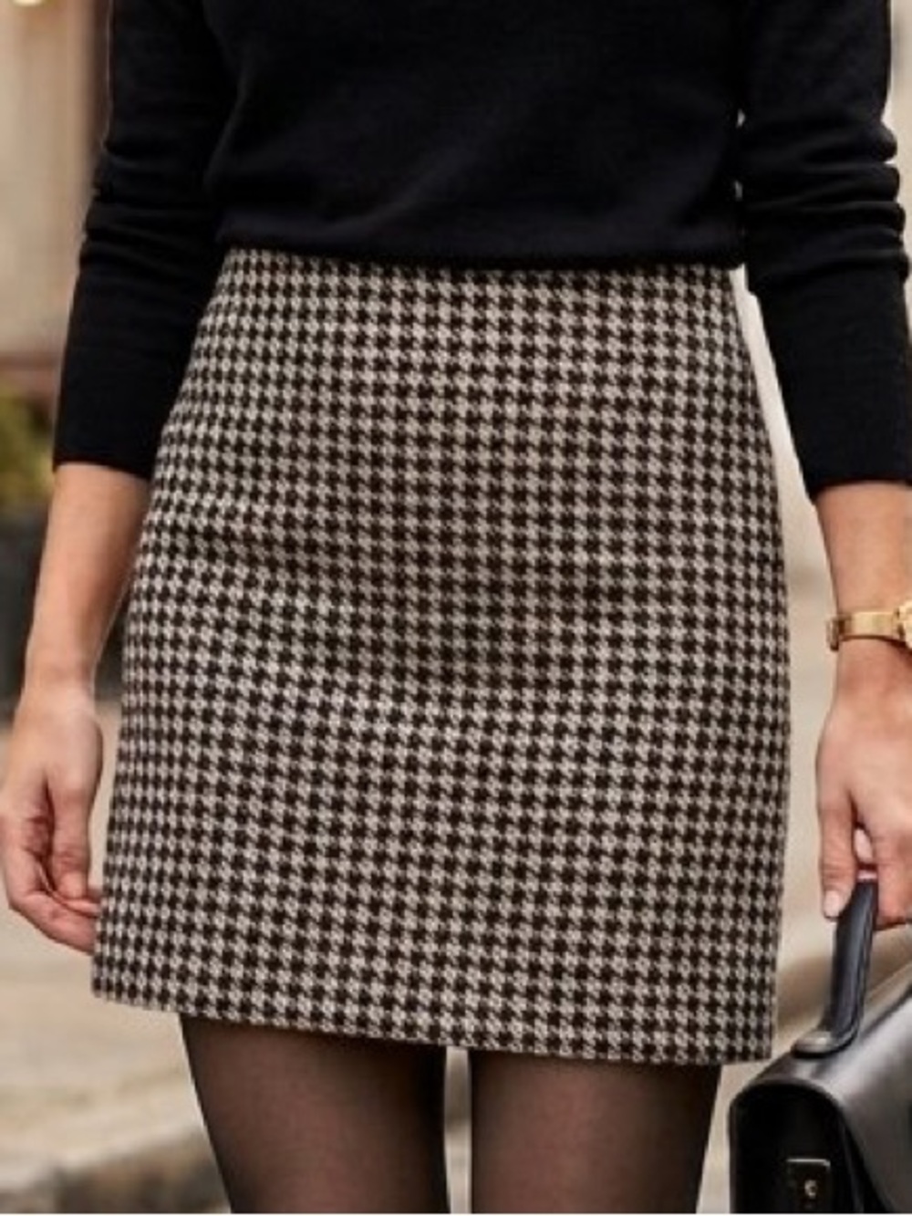 H&M Black & Cream Tweed Houndstooth Wool Blend Mini Skirt 12